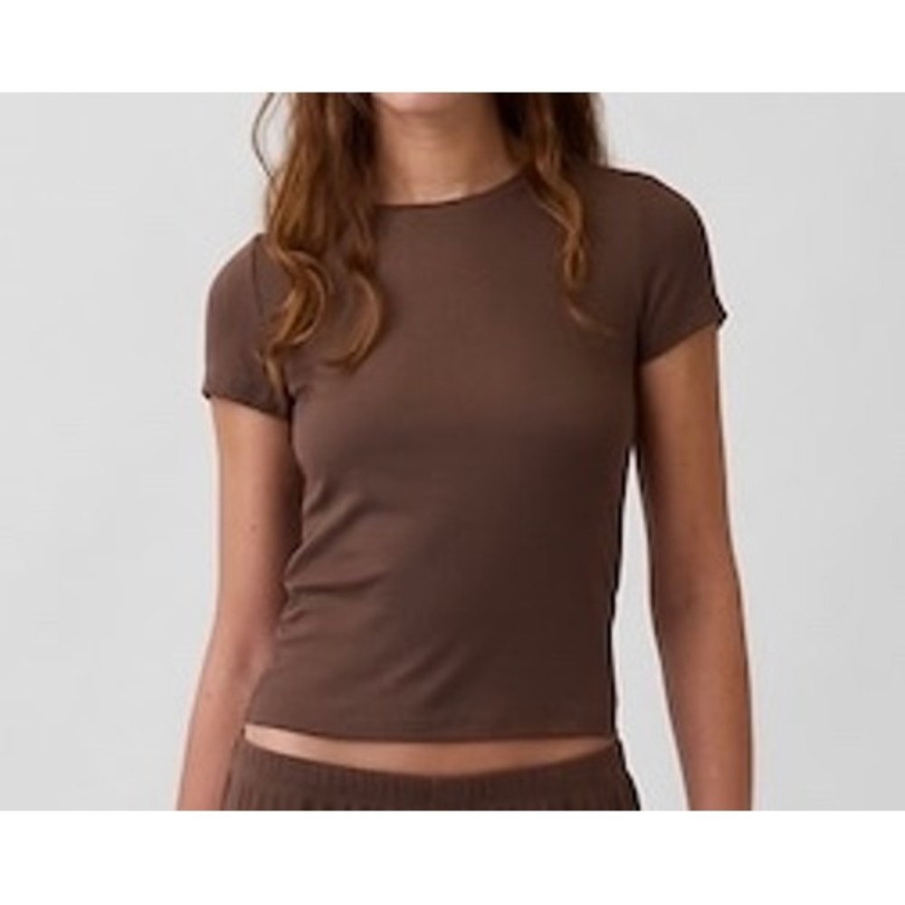 GapBody Women Brown Ribbed Short Sleeve Crew Neck T-Shirt